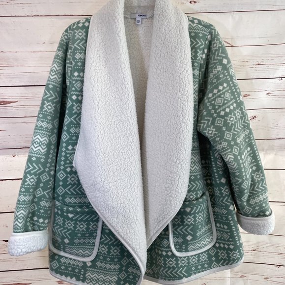 SOLD SONOMA Green & Cream Aztec Print Sherpa Lined Cardigan Jacket NWOT - Picture 10 of 16